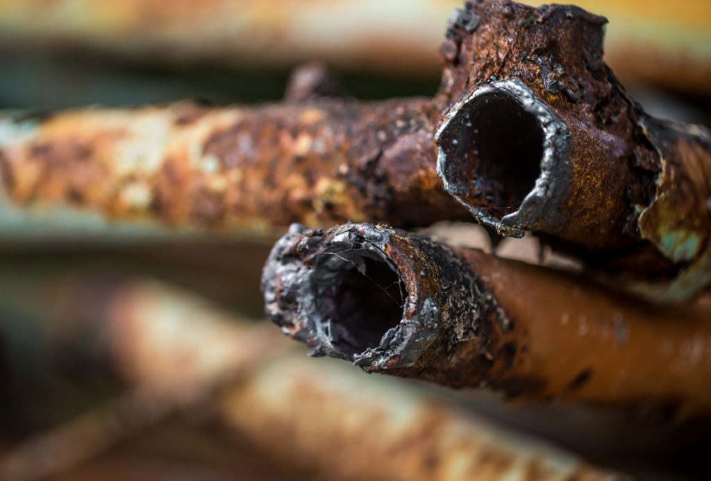 Detailaufnahme von stark verrosteten und beschädigten Rohren, Rohrbruch in Hannover
